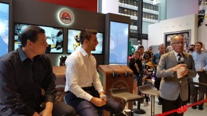 Eddie Olczyk, Patrice Bergeron & Mike Emrick (l to r).  (c) 2014 Michelle Kenneth.